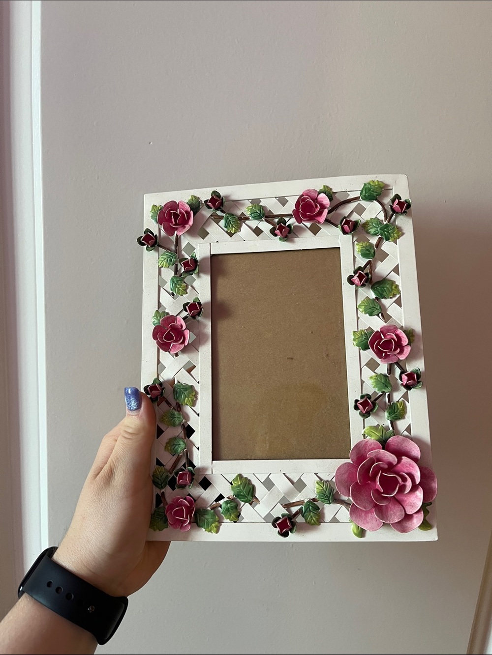 Vintage Floral Rose Picture Frame White Lattice Cottagecore